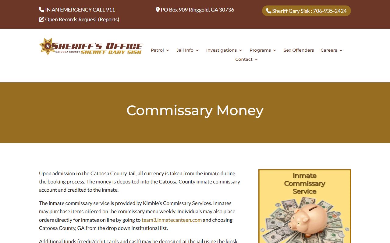 Catoosa County sheriff commissary and inmate money information page