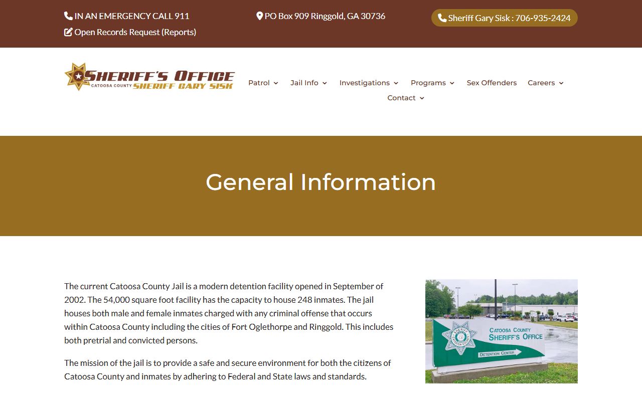 Catoosa County jail general information page for inmate custody and visitation details
