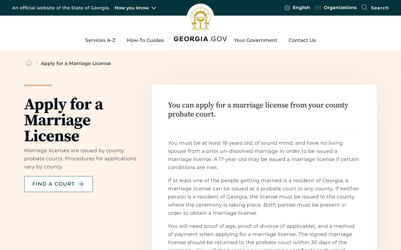 Georgia marriage license guidance page for applying for a marriage license