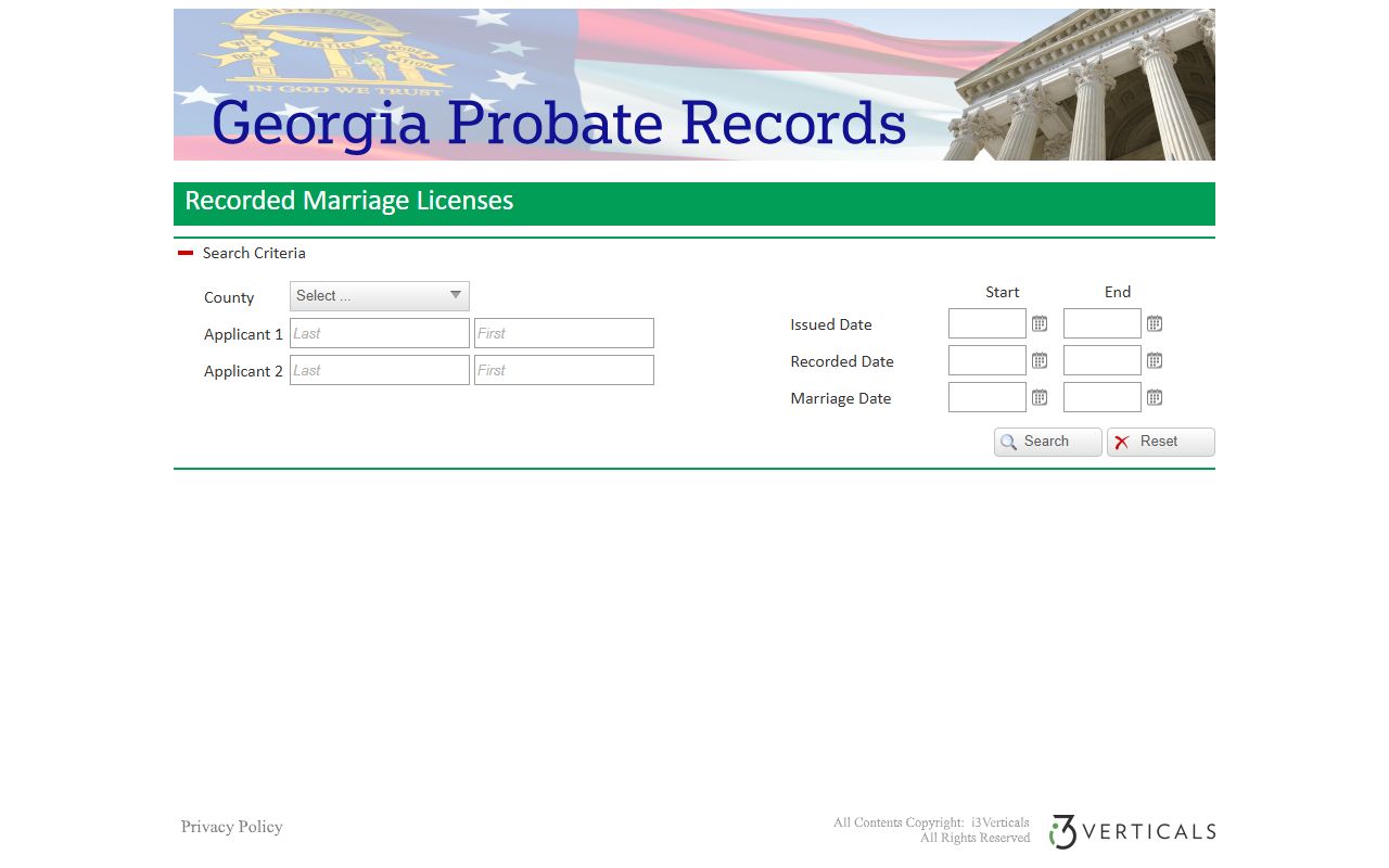 Georgia Probate Records marriage search with county selection for recorded marriage licenses