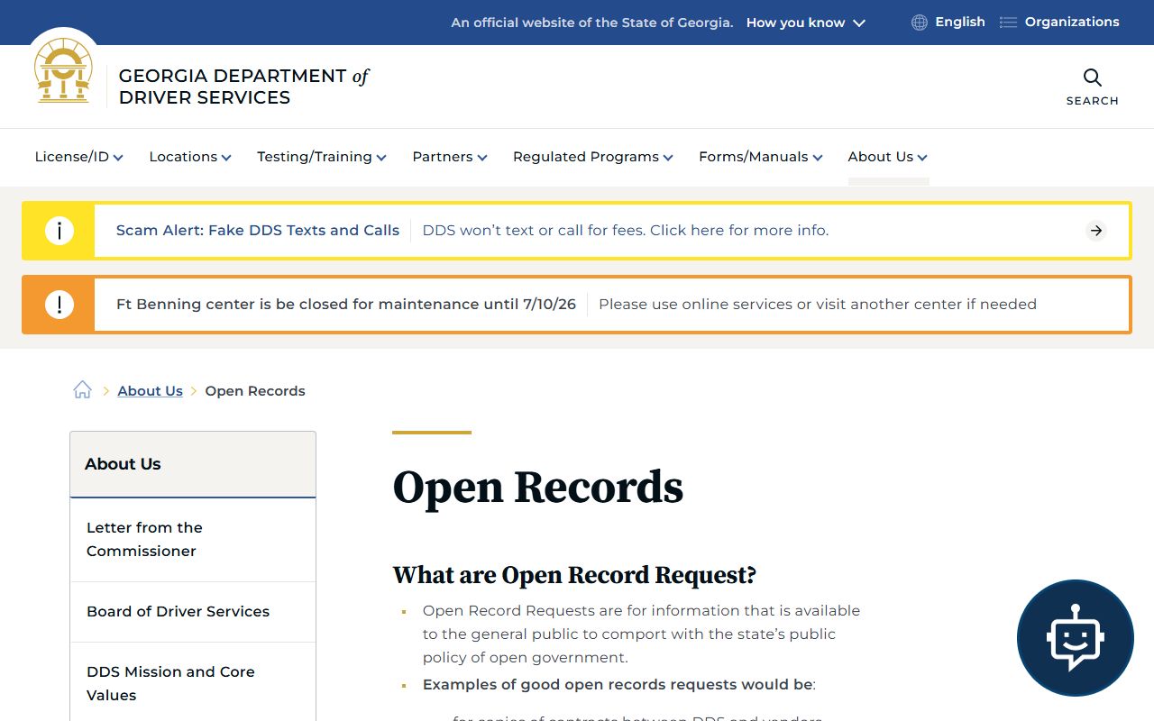 Georgia DDS open records page for driver services records requests