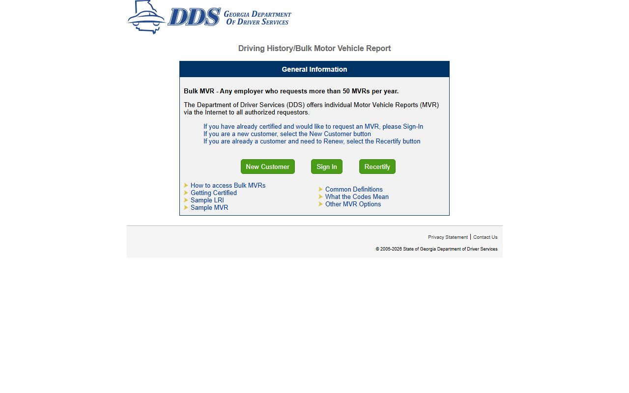 Georgia DDS online MVR portal for driver history requests