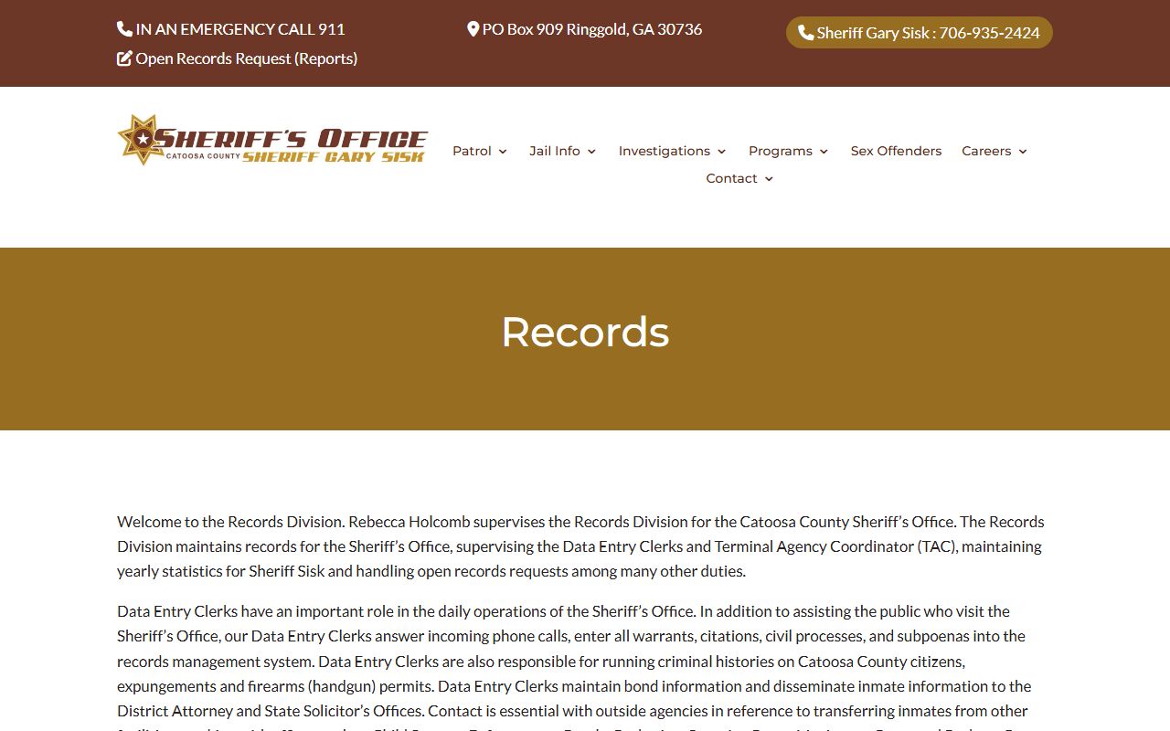 Catoosa County Sheriff's Office records page for warrant and sheriff records access